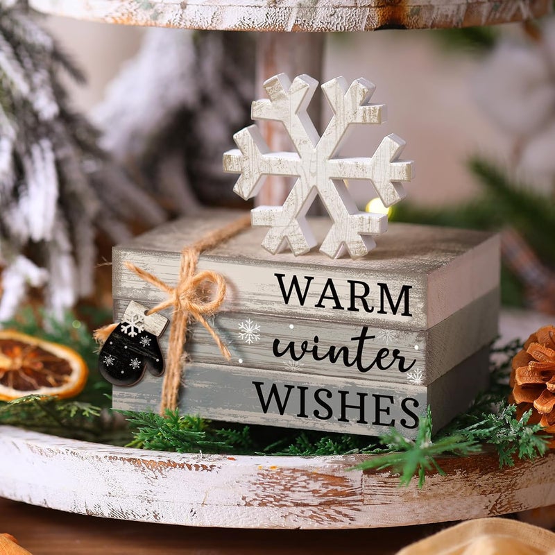 Anglechic 4 Pcs Winter Table Decorations Snowflake Tiered Tray Decor Warm Wishes Centerpiece Decorations Indoor Rustic Wooden Snowflake Block Sign Gift Farmhouse for Home Kitchen Shelf - Image 3